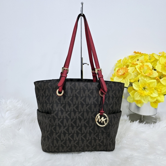 Michael Kors Jet Set Brown/Cherry Signature Logo Tote Shoulder Bag - Picture 1 of 16
